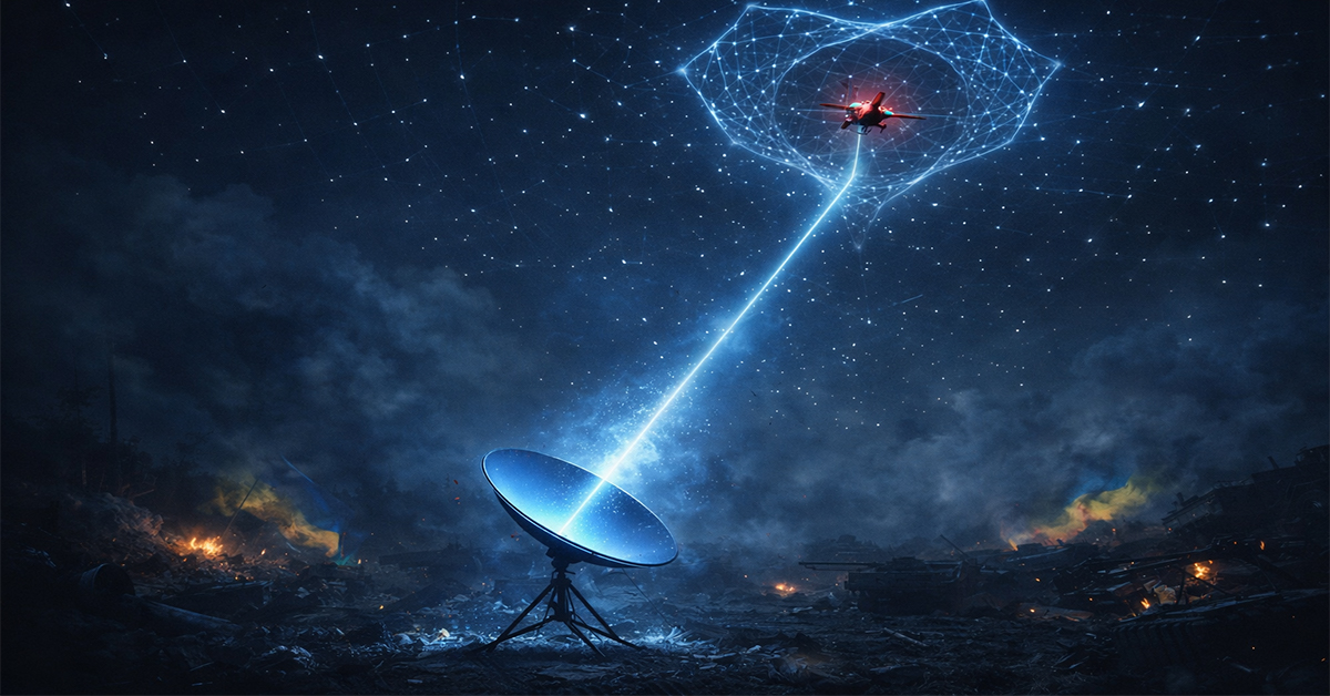 Cinematic digital illustration, dark military aesthetic. A glowing blue Starlink satellite dish sits in the foreground on a war-torn Ukrainian battlefield at night, bathed in cold blue light. The dish emits a bright signal beam upward — but the beam forms a subtle glowing trap or net shape high in the atmosphere. A small red Russian military drone is caught inside the net, frozen mid-flight. Background: a dark sky filled with dozens of low-orbit satellites forming a constellation grid. Ukrainian blue and yellow color accents glow subtly in the smoke and debris. Mood: tense, high-tech, cinematic. Photorealistic concept art style. Dramatic rim lighting, volumetric smoke, lens flare. 16:9 ratio, ultra-detailed. No text in image.
